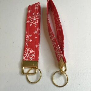 Red Snowflake Keychain Wristlet with silver tone hardware HANDMADE New Christmas